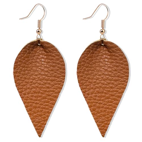 CHUNYANAN Boho Elegant Lightweight Black Genuine Real Leather Geometric Dangle Drop Earrings for Women Petal Leaf Feather Teardrop Earrings Jewelry Gift