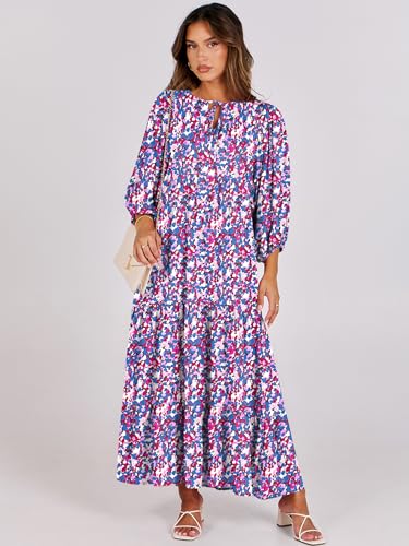 Image of ANRABESS Womens Boho Floral 3 /4 Puff Sleeve Maxi Dress | Tiered Flowy Loose Fit, Comfy Soft Rayon Fabric, Wedding Guest Church Beach, Modest Elegant, Spring Summer Fall Outfits