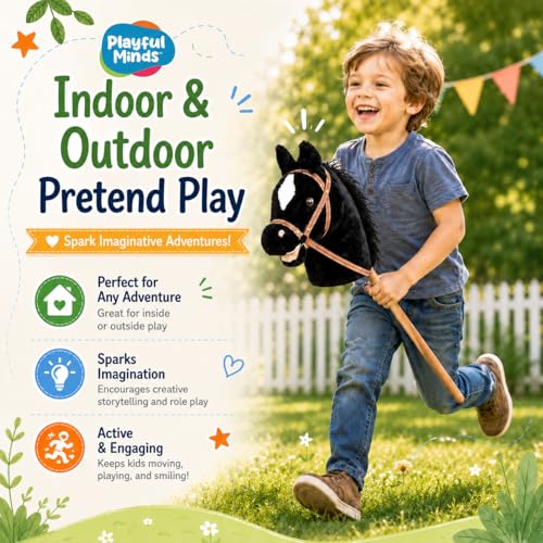 Image of Nature Bound Stick Horse | Horse on a Stick with Sound Effects - Handcrafted Plush Stick Pony for Toddlers & Kids | Handsewn, Sturdy Wooden Handle | Pretend Play Horse Toy (Black)