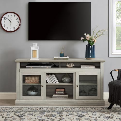 TV Stand with Glass Doors: Rustic Wood TV Cabinet for 65" TV | Spacious Tall Stone Grey Entertainment Center with Storage Console and Adjustable Shelv