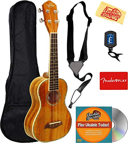 Oscar Schmidt OU5 Koa Concert Ukulele Bundle with Gig Bag, Tuner, Strap, Fender