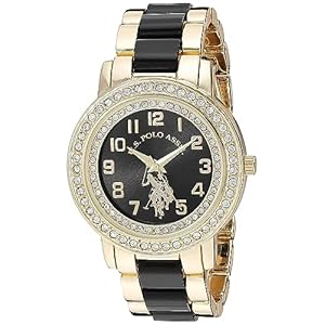 U.S. Polo Assn. Women’s Gold-Tone Watch with Black Dial and Crystal Bezel – Two-Tone Link Bracelet Quartz Analog Timepiece Fits Wrists 5.5″-8″ with 40mm Case in Gift-Box
