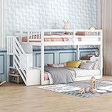 Bellemave Low Bunk Beds Twin Over Twin with Stairs Solid Wood Bunk Bed Frame for Kids Boys Girls Teens, White