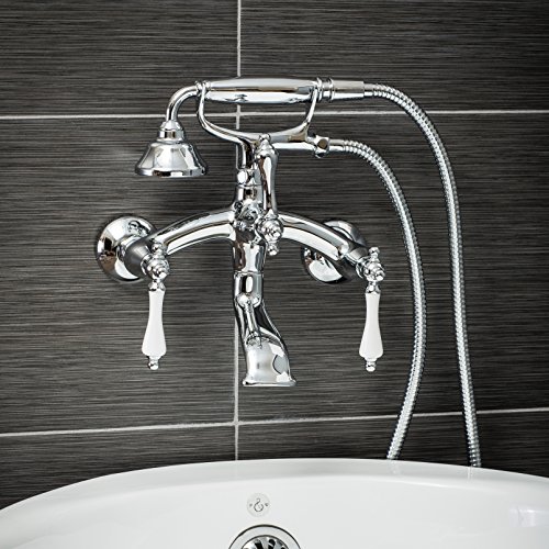 Luxury Clawfoot Tub or Freestanding Tub Filler Faucet, Vintage Design with Telephone Style Hand Shower, Wall Mount Installation, Porcelain Handles, Polished Chrome Finish