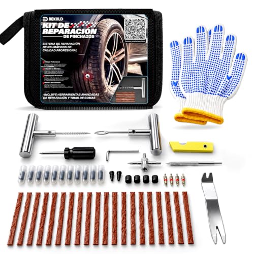 | BEKULD® Super Pack Kit Antipinchazos Coche 49 Piezas + Guantes +10 Tornillos para pinchazos Kit Repara Pinchazos Coche y Moto, Kit Reparación Neumáticos con 20 Mechas, Herramientas y Accesorios