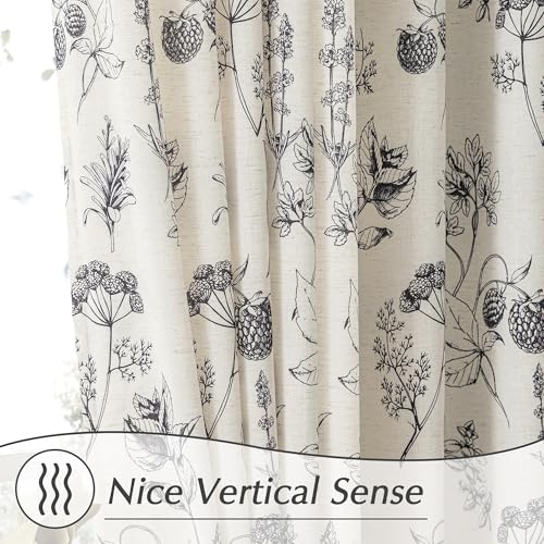 Image of FMFUNCTEX Linen Curtains Floral Patterned Curtain for Bedroom Living Room, Black Curtains 63 Inch Length Farmhouse, Light Filtering Beige Window Curtain Grommet Top 2 Panels Set