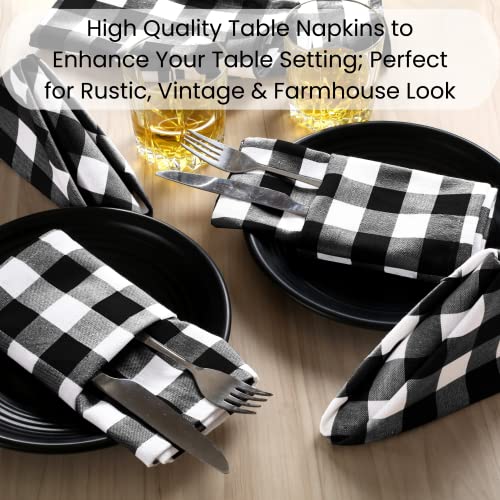 Dine N Decor Buffalo Plaid Cloth Napkins 100% Cotton - Ideal For Events Wedding Christmas Easter - Perfect Everyday Use Cloth Napkins 18X18 - Set Of 12 Gingham Check Napkins- Black White #TOP4