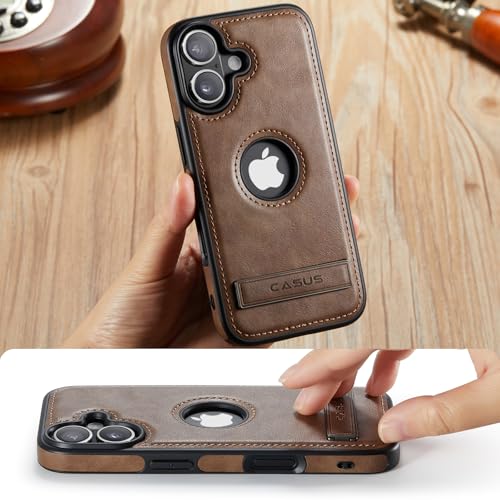 Image of Casus for iPhone 17 Case with MagSafe, Slim Kickstand Vegan Leather Protective Cover with Tempered Glass Screen Protector, 6.3 Inch (2025), Gray