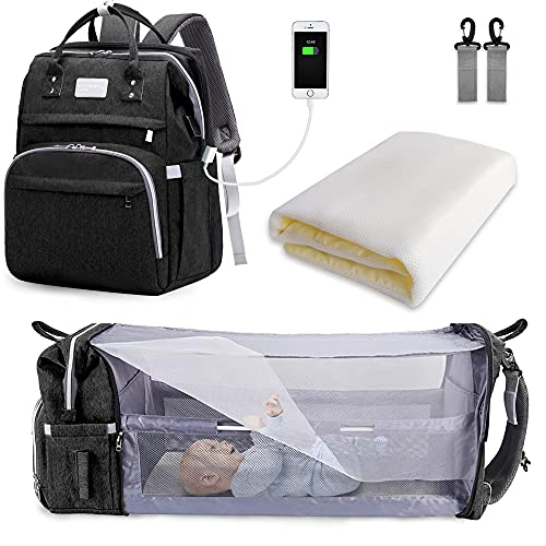 SNDMOR-Mochila para pañales de bebé de gran capacidad, para cuna de viaje, plegable, organizador de mochila para pañales de cuna multifuncional con cambiador de pañales(color negro)