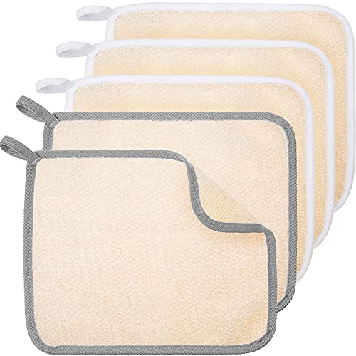 5 Pieces Exfoliating Face and Body Wash Cloths Towel Weave Bath Cloth Exfoliating Scrub Cloth Massage Bath Cloth for Women and Men (White, Gray Edge,10.63 x 9.05 Inch)