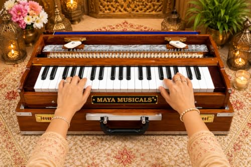 Image of MAYA MUSICALS 3.5 Octave Box Harmonium with 2 Set Palitana Reeds, 42 Nylon Keys, Burma Teak Wood, Seven Fold Bellow, A=440Hz International Pitch, Full Chain Cover & Premium Padded Bag