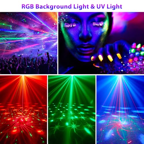 4-in-1 Discokugel mit Motor und Licht, Discolicht Partylicht 64 Muster, Musikgesteuert Disco Party Lampe mit Fernbedienung, RGB UV Stroboskop für Wohnungen Räume Bar Klub Outdoor Geburtstag Party