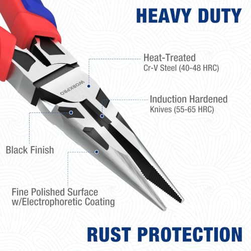 Image of WORKPRO Premium 6 inch & 8 inch Needle Nose Pliers, Paper Clamp Precision, Heavy-Duty CRV Steel, Soft Grip with Wire Cutter, Long Nose Cutting Pliers