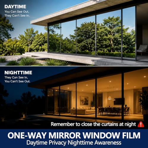 Image of WPCTEV One Way Window Privacy Film, Mirror Tint, Blue, 17.5In x 6.5Ft | Heat Control & Sun UV Blocking, No Glue Reusable, Daytime Privacy See Out Not In, Reflective Static Cling for Home Office