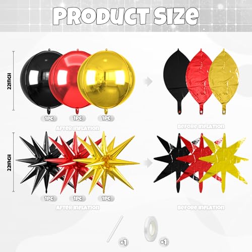 Image of 6pcs 22 inch Black Gold Red Star Balloons and 4D Large Foil Balloons, Black Red Star Balloon Gold 4D Foil Aluminum Balloon For Birthday Baby Shower Party Wedding Anniversary Engagement New Year