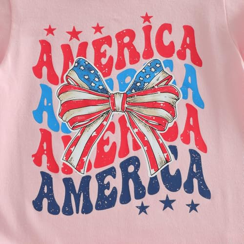 Image of Kids Toddler Girls 4th of July T-Shirt Short Sleeve Patriotic Coquette Bow American Flag Independence Day Top