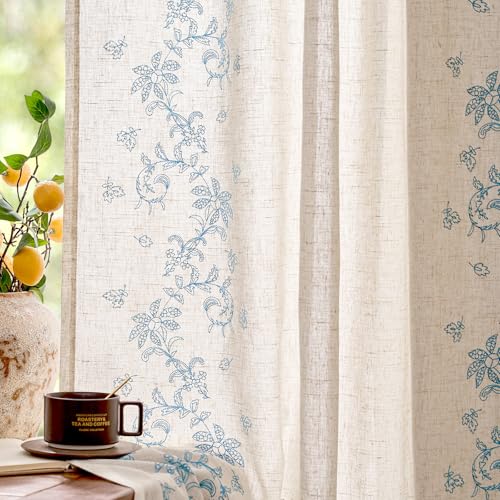 Image of jinchan Floral Linen Curtains, Back Tab 50x63 Inch, 2 Panels Blue