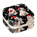 eslifey mini contenitore di monili da viaggio portatile cuccioli beige carlini berretto rosso di babbo natale notte di neve piccolo caso dei monili per le donne anello in pelle organizzatore