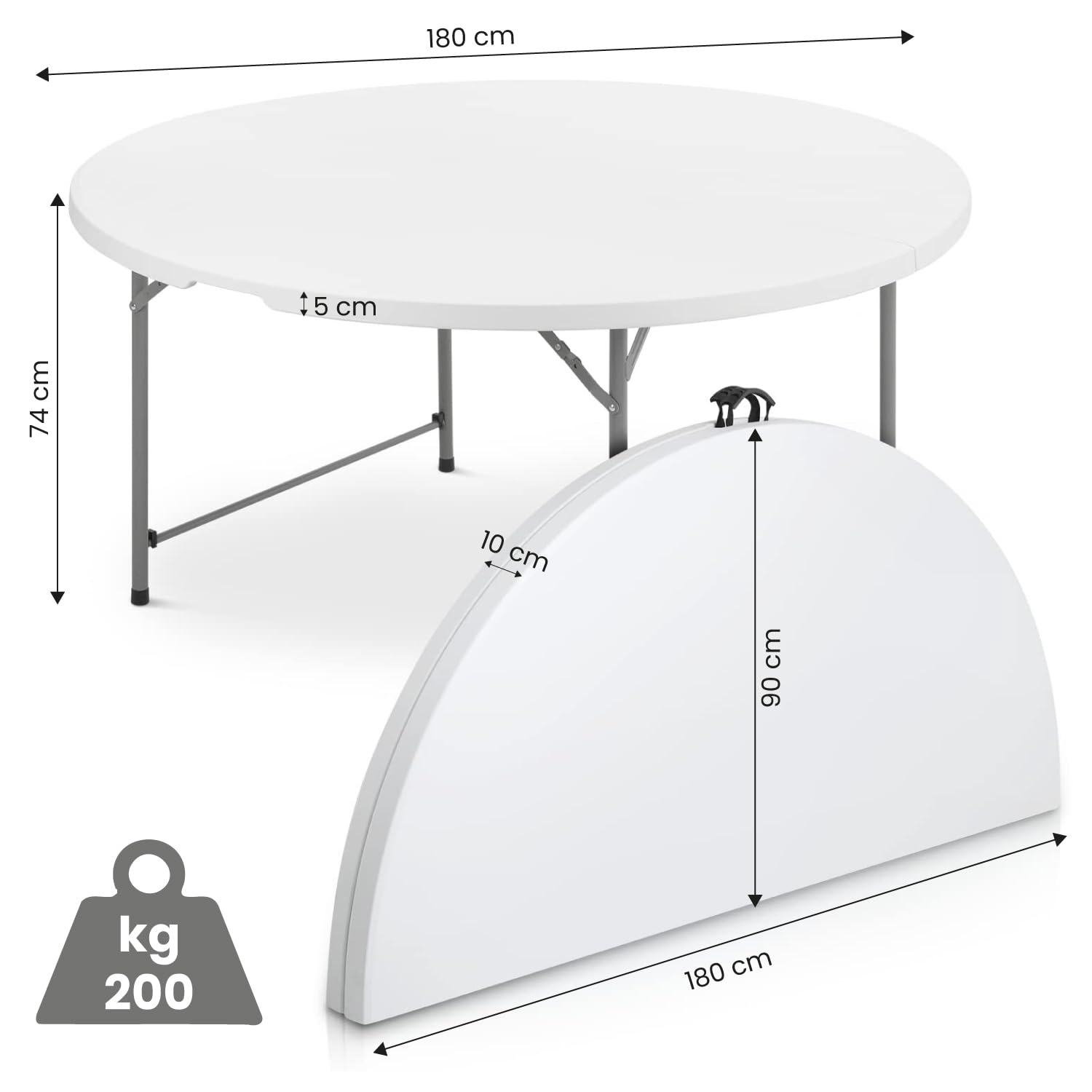 Brigros MBI - Tavolo Pieghevole da Giardino Rotondo 180x74 cm Bianco, Perfetto come Tavolo da Campeggio, da Buffet, da Cucina, Tavolino Salvaspazio a Valigetta con Maniglia
