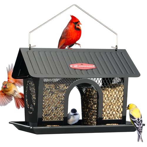 Kingsyard Metal Bird Feeders for Outdoors Hanging, Wild Bird Feeder with Seed Tray and Weatherproof Roof, 3 lbs Seed Capacity, Black