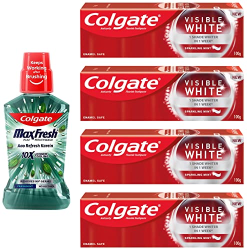 Image of Colgate Visible White Teeth Whitening Toothpaste, Pack of 400g (100g X 4) & Colgate Plax Fresh Mint Mouthwash, 0% Alcohol - 500 ml