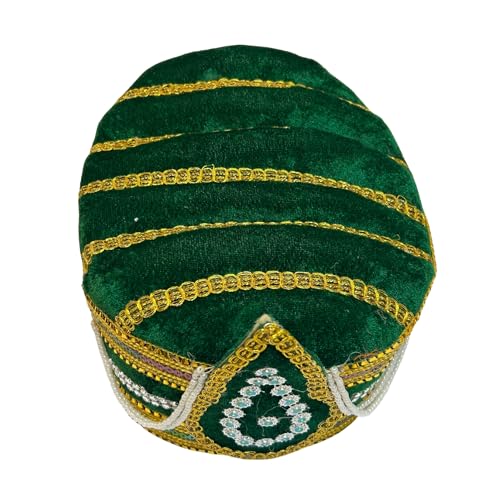 Image of Kaku Fancy Dresses Akbar Mughal King Pagdi Turban Safa Traditional Royal Headgear for Kids | Fancy Dress Costume Accessory for Historical Plays & Cultural Events - Green