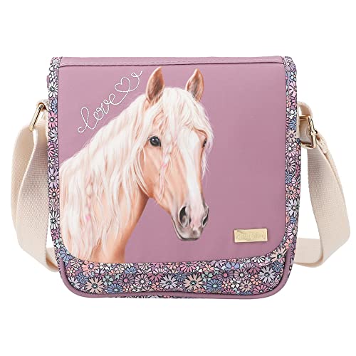 Depesche 12314 Miss Melody Flowerfield - Umhängetasche mit Pferdemotiv und Blüten-Print, kleine Tasche mit Reißverschluss und längenverstellbarem Tragegurt