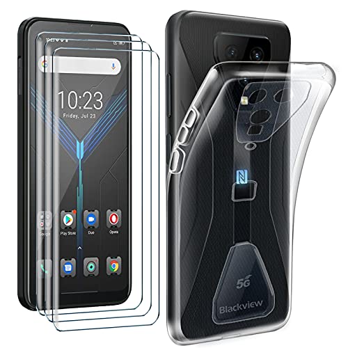 HYMY pour Black-View BL5000 5G Coque (6.36"), 3Pcs Verre Trempé pour Black-View BL5000 5G Étui Silicone TPU Housse,Film Protection écran - (0,33mm HD Ultra Transparent) Dureté 9H Glass-Clear Cover
