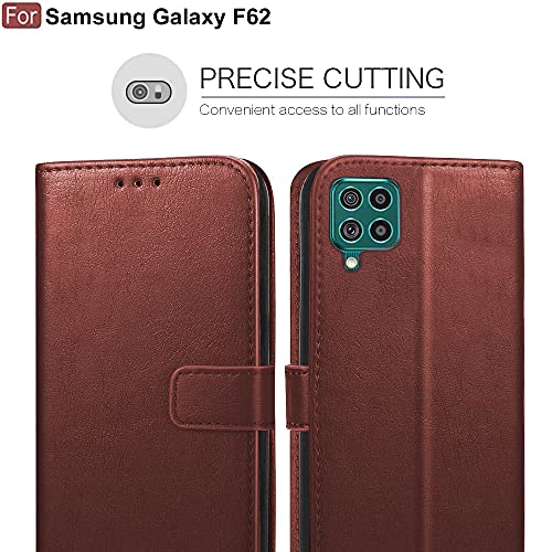 Image of CEDO Flip Cover for Samsung Galaxy F62 (4G) | Leather Finish | Inside Pockets & Inbuilt Stand | Shockproof Wallet Style Magnetic Closure Back Case Flipcover (Brown)