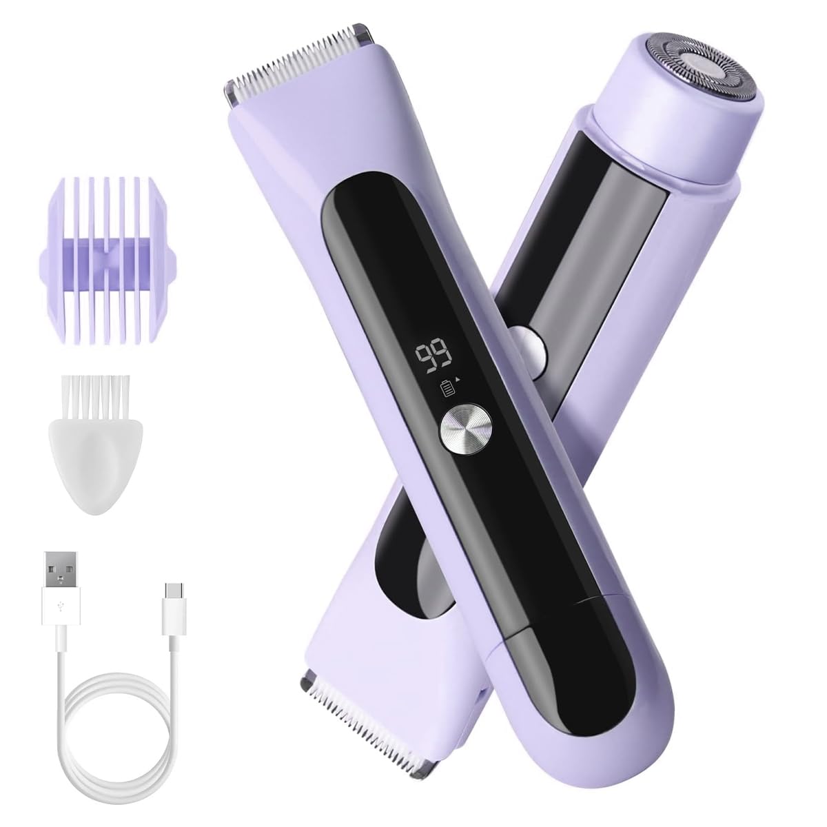 Afeitadora Eléctrica para Mujer 3 en 1 - Recortadora de Bikini y Cortapelos Corporal Sin Dolor, Depiladora Impermeable IPX7 para Piernas y Axilas, Pantalla LCD, Uso en Seco y Mojado, Malva