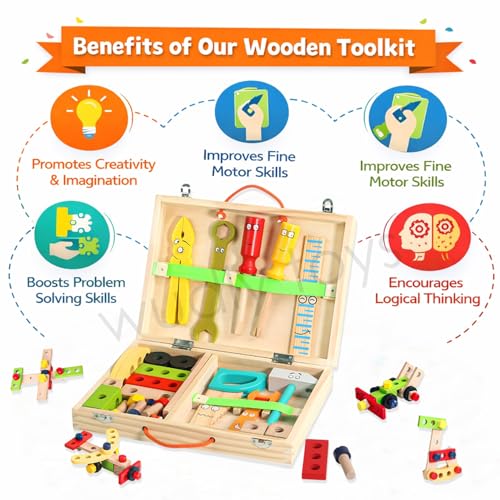 Image of WUDLY Wooden Tool Box Set for Kids | Montessori Construction & Building Toy with Tools, Nuts & Bolts | Pretend Play DIY Kit | Educational Gift for Boys & Girls (3+ Years)