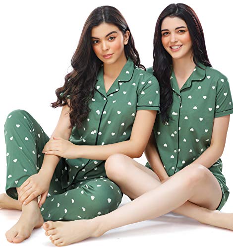 Image of ZEYO Women's Cotton 3Pc'S Heart Printed Night Suit Pajama Set 5357