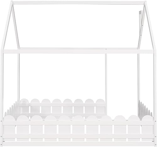 Miniatura 9 de MERITLINE Cama de casa tamaño matrimonial para niños con valla, camas Montessori con techo, cama de piso completo de madera, marco de cama para