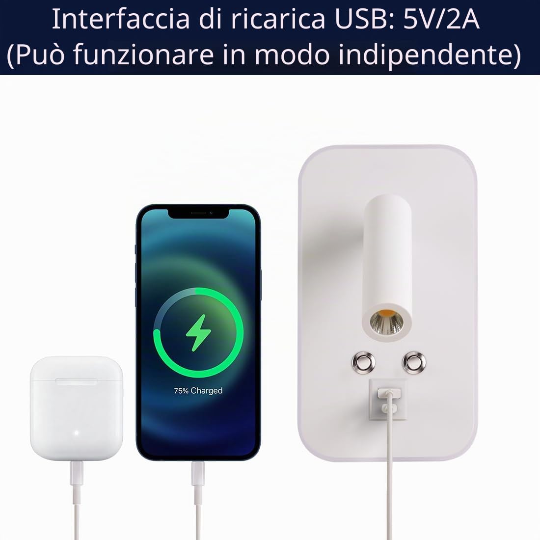 Lampada da Parete a LED, Lampada da Lettura da Comodino, Con interruttore dimmer touch e porta di ricarica USB A+C, Lampada da comodino per camera da letto e hotel (3W 3000K+7W 6000K) Bianco