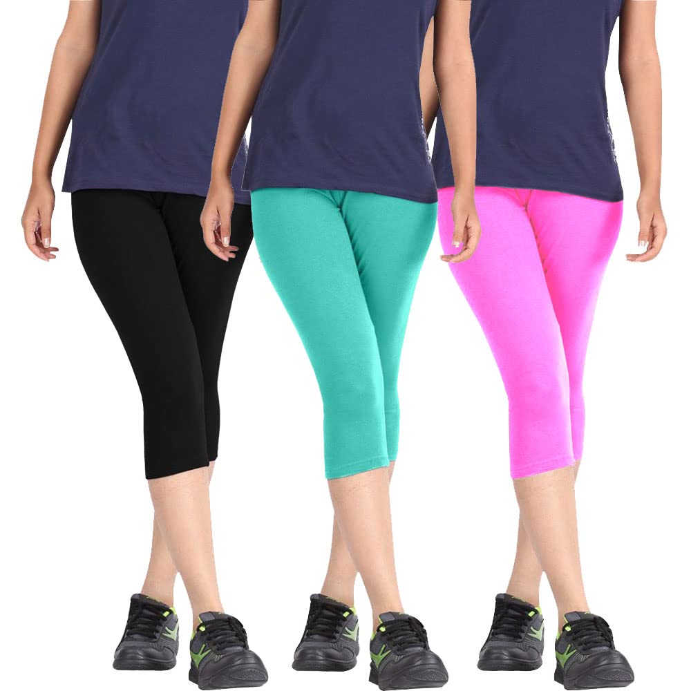 Biowashed Cotton Stretchable Capri Legging Combo Pack of 3 for Women/Girls/Ladies (Black, Turquoise, Baby Pink) - Free Size-picture-20