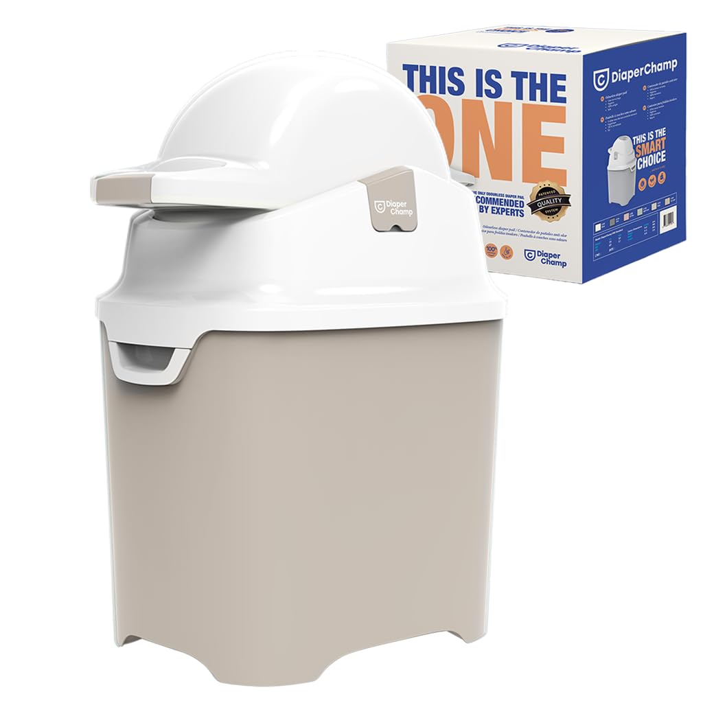 DIAPER CHAMP ONE Windeleimer - geruchsdicht - OHNE Nachfüllkassetten - funktioniert mit normalen herkömmlichen Tüten, Müllbeutel - für ca. 30 Windeln - beige, weiß