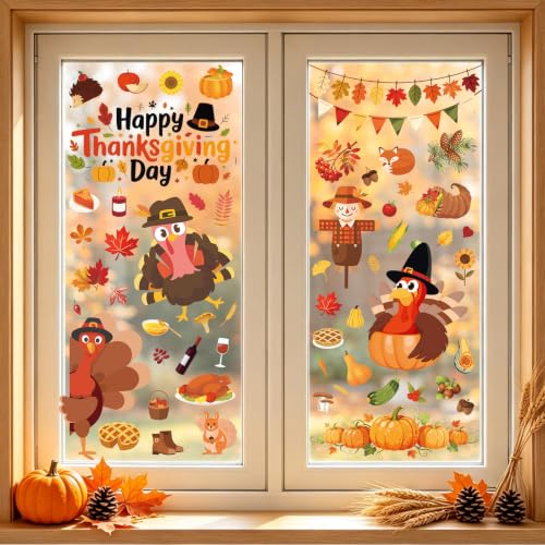 Image of Thanksgiving Window Clings Fall Turkey Decorations for Glass 9 Sheet