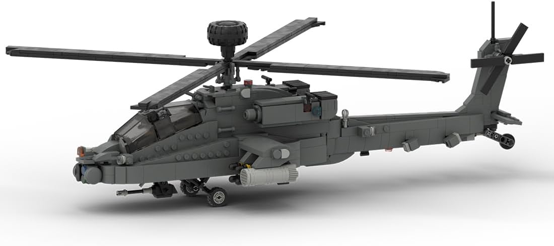 Assembled Aetheria AH-64 Military Helicopter Building Bricks, front-side view