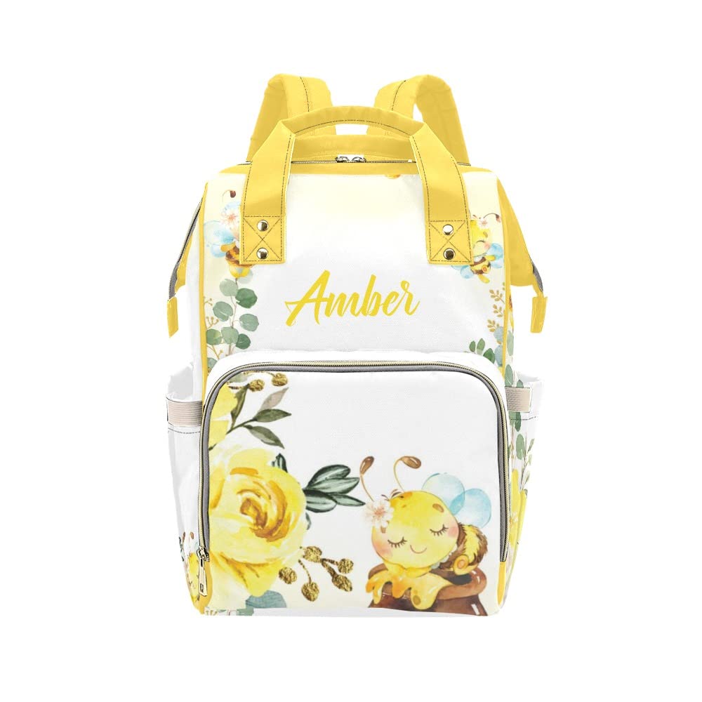 Cute Bee Floral Diaper Bags Backpack with Name Personalized Baby Nursing Nappy Travel Tote Bag Gifts for Mom