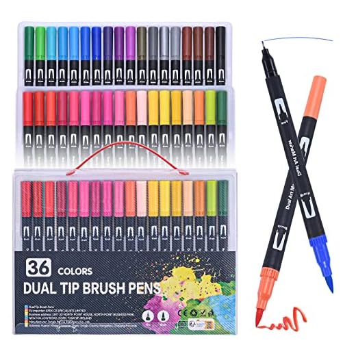 Set de 36 rotuladores de doble punta - Fineliner con punta fina y punta pincel para bullet journaling, libros de colorear, lettering - Tinta a base de agua - Ideal para manga, caligrafía y más