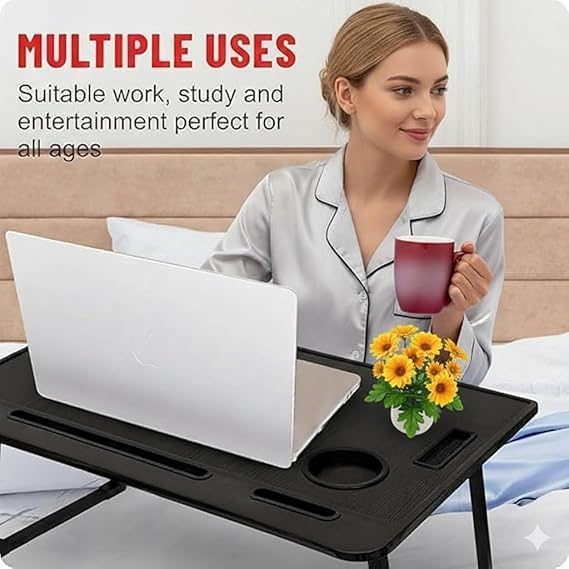 Image of AVZEEGO Wood Multipurpose Foldable Laptop Table with Cup Holder | Table Home Study Writing Table, Foldable and Portable /Ergonomic Edges Kids & Adults