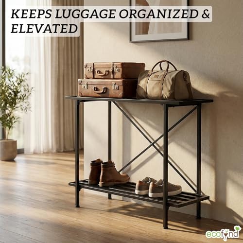 Image of ecofynd Metal Luggage Rack, 2-Tier Space-Saving Travel Organizer, Stable Luggage Holder for Guest Room, Bedroom, Hotel, Holds up to 150 Kg, Strong, Non-Slip Feet, X-Cross Brace at Back (Black)