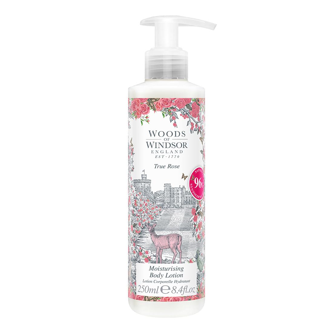 Woods of Windsor Body Lotion, Floral Body Moisturiser for Women with Notes of Violet Leaf and Rose Otto, Fast Absorbing Body Cream to Help Soften and Moisturise Skin, True Rose Scent 250ml
