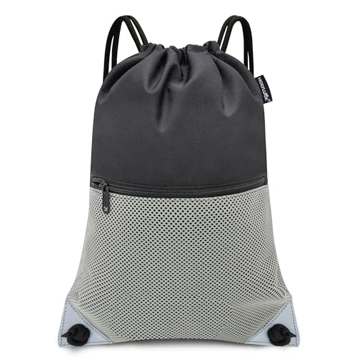 HOLYLUCK Drawstring Backpack Gym Sports Bag with Front mesh zipper Pocket 18.6" L x 13.5" W Cinch Sack String Sackpack For Men Women (black and grey)