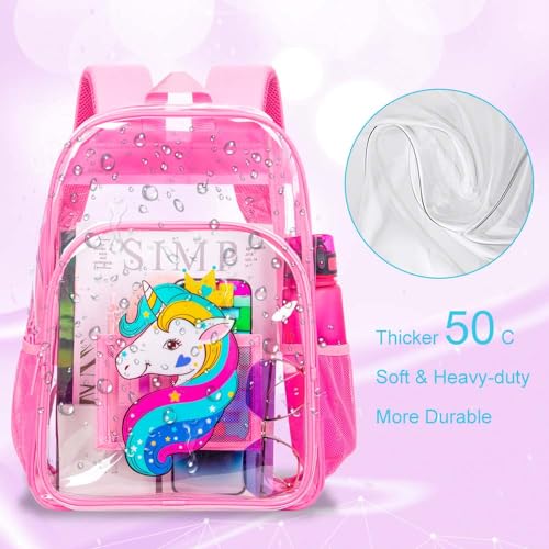Image of AGSDON 3PCS Clear Backpack for Girls, Kids Unicorn Transparent Bookbag Heavy Duty, Cute See Through Backpacks with Lunch Bag - Pink