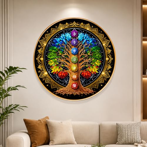 Image of PAINTINGMANTRA Chakra Tree of Life Round Wall Art Painting With Frame For Living Room | 7 Chakra Vastu Decor Framed Painting | Spiritual Round Wall Hanging for Home, Meditation Room & Gifting, 16 Inch