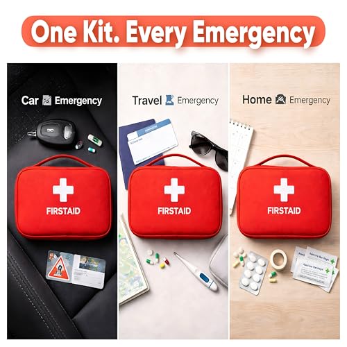 Image of First Aid Kit Bag Portable Medicine Storage Box with Handle Multi-Utility Emergency Organizer with Mesh Pouch & Elastic Loops Spacious & Lightweight Ideal for Home, Travel, Camping & Car Red