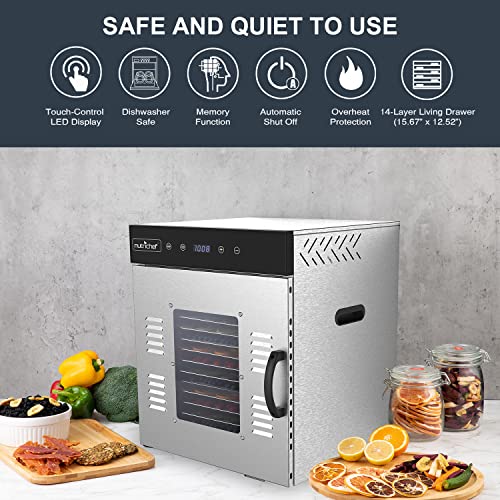 Image of NutriChef Commercial Electric Food Dehydrator Machine - 14 Shelf Extra Large Capacity - Stainless Steel Trays - 1000-Watts, Digital Timer & Temperature Control - 18.58 x 17.52 x 22.52 IN