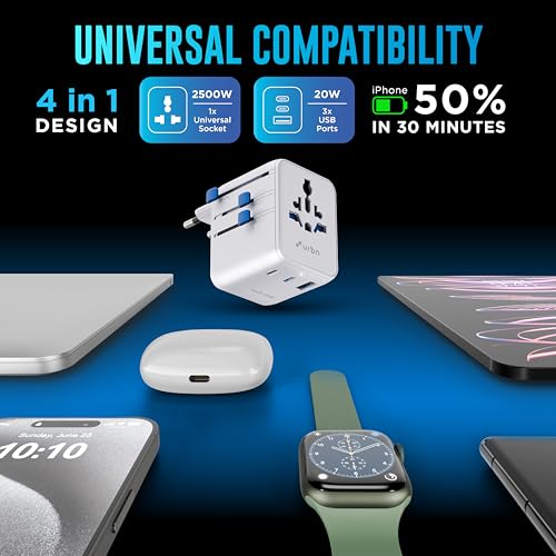 Image of URBN 20W GaN Universal Adapter | Charge 4 Devices Simultaneously | 2500W Universal Socket | Dual USB-C + USB-A | Smart Travel Multi Plug | Global Compatibility | 6-Layer Safety Protection