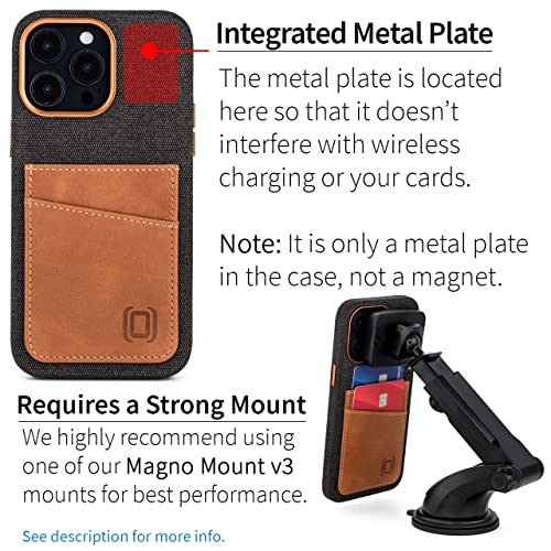 Image of Dockem iPhone 14 Pro Max Fabric Card Case with Built-in Metal Plate for Magnetic Mounting, Stitched-on Genuine Leather Wallet with 2 Credit Card /ID Slots: M2F 14 Pro Max [Grey w /Light Brown]